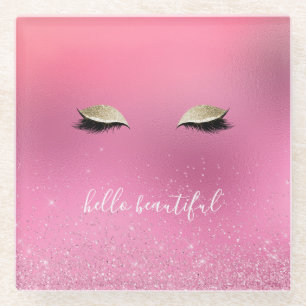 Gold Pink Glitzy Eyes Glass Coaster