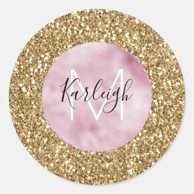 Gold Pink Glitzy Glitter Monogram personalized Classic Round Sticker (Front)