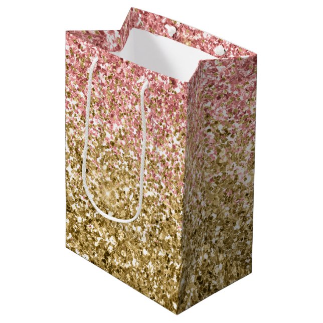 Gold Pink Glitzy Glitter Sparkle  Medium Gift Bag (Front Angled)