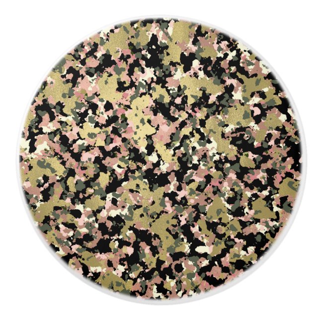 Gold Pink Green Black Camouflage Pattern Print Ceramic Knob (Front)