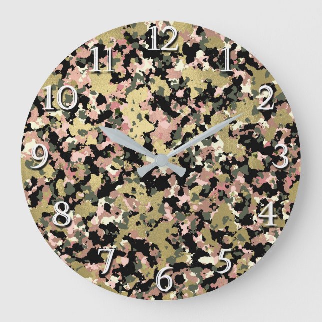Gold Pink Green Black Camouflage Pattern Print Large Clock (Front)