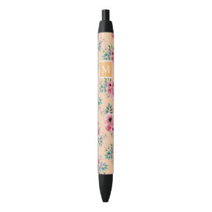 Gold Pink & Green Floral Monogram Black Ink Pen
