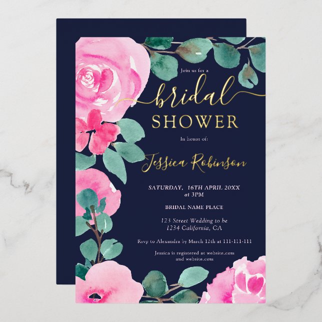 Gold pink green floral watercolor bridal shower (Front/Back)