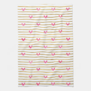 Gold Pink Hearts and Stripes Kitchen Towel