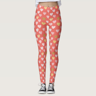 Gold Pink Hearts Pattern Leggings