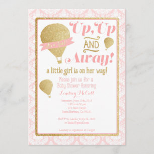 Gold Pink Hot Air Balloon Baby Shower Invitation
