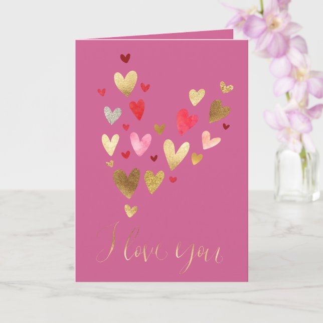 Gold Pink I love you Hearts Card (Orchid)