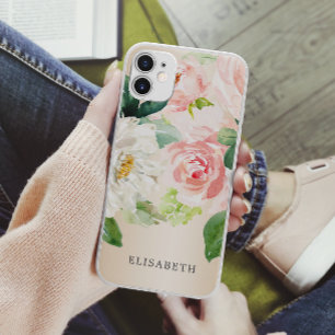 Gold Pink  ivory Watercolor Floral with Your Name iPhone 11 Case