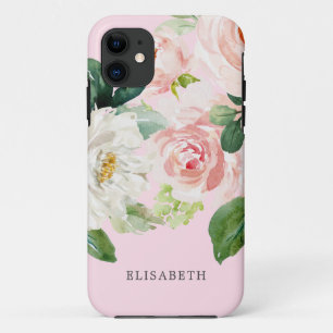 Gold Pink ivory Watercolor Floral with Your Name iPhone 11 Case
