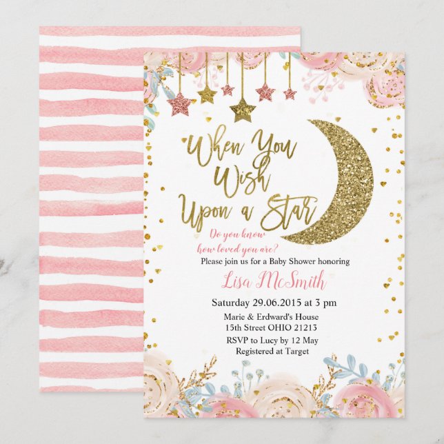 Gold Pink Little Star Baby Shower Invitation (Front/Back)
