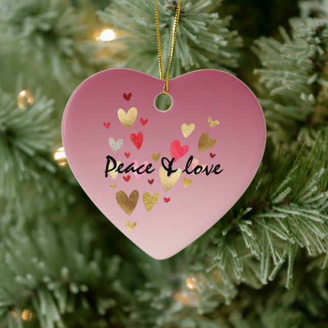 Gold Pink Love Hearts Ceramic Ornament (Tree)