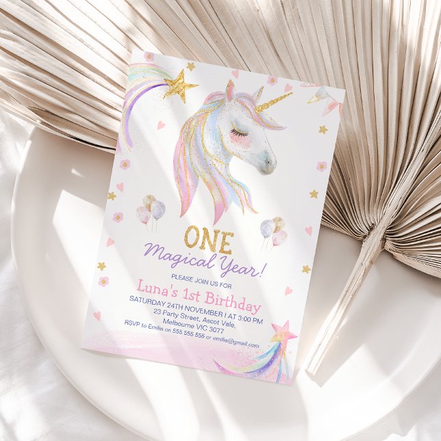 Gold Pink Magical Year Unicorn 1st Birthday Invitation (Pastel One Magical Year Unicorn 1st Birthday Invitation Template For baby Girl, Faux Gold Glitter)