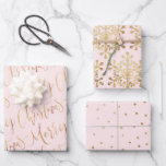 Gold Pink Merry Christmas Script Snowflakes Stars Wrapping Paper Sheet<br><div class="desc">Christmas gift wrapping paper set feature faux gold modern calligraphy merry Christmas script,  bold snowflakes and star pattern on colour editable pink background. 
Select "Click to customize further" to custom background colour or adjust pattern size.</div>