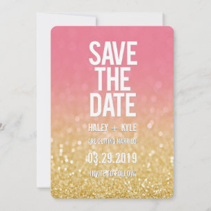Gold Pink Ombre Glitter Save the Date Typography Invitation