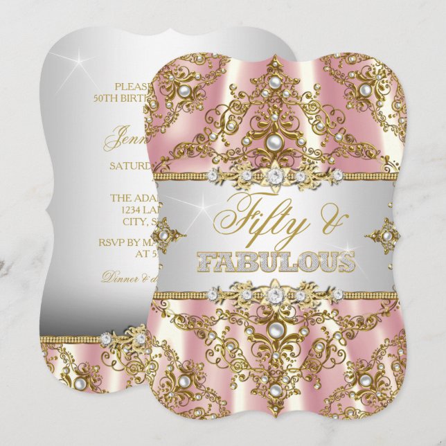 Gold Pink Pearl Damask Fifty and Fabulous Invitation (Front/Back)
