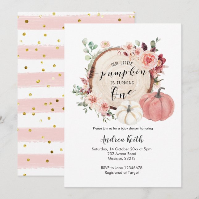 Gold Pink petit citrouille tourne une invitation (Devant / Derrière)
