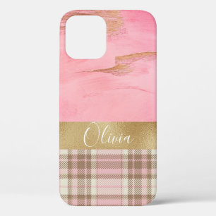 Gold Pink Plaid Abstract Watercolor Name iPhone 12 Pro Case