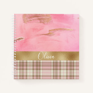 Gold Pink Plaid Abstract Watercolor Name Notebook