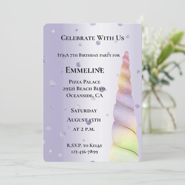 Gold Pink Purple Dots Lime Unicorn Birthday  Invitation (Standing Front)