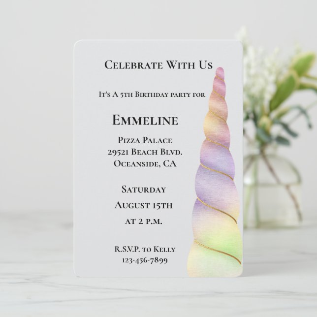 Gold Pink Purple Lime Unicorn Birthday Invitation (Standing Front)