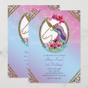 Gold Pink Purple Magical Unicorn Birthday Party Invitation