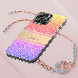 Gold Pink Purple Ombre Glittery Glam Name Monogram iPhone 14 Pro Max Case