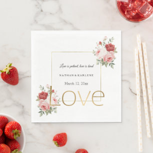 Gold Pink Red Roses Floral Gold Love Wedding Napkin