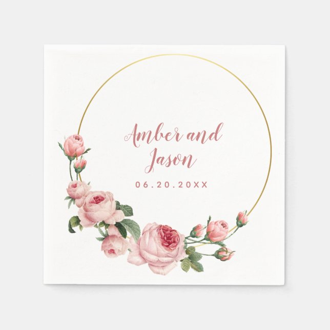 gold pink rose botanical illustration frame custom napkin (Front)