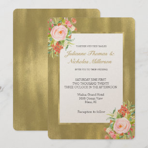 Gold Pink Rose Wedding Invitation