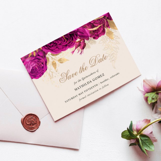 Gold Pink Roses Quinceanera Save The Date  Invitation (Creator Uploaded)