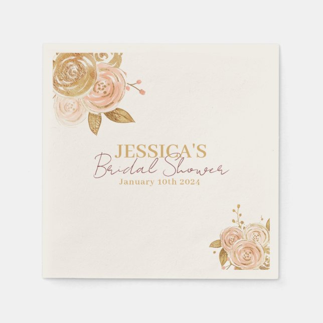 Gold Pink roses simple minimal Bridal Shower Napkin (Front)