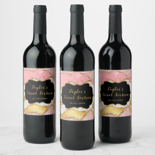 Gold Pink Sequins Agate Sweet Sixteen Thank You Wine Label