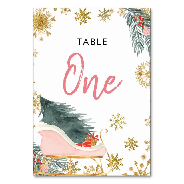 Gold Pink Sleigh Winter Baby Shower Table Number (Front)