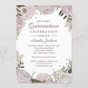Gold Pink Sparkle Floral Quinceanera Invitation