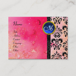 GOLD PINK SPARKLING DAMASK MONOGRAM ,fuchsia blue Business Card