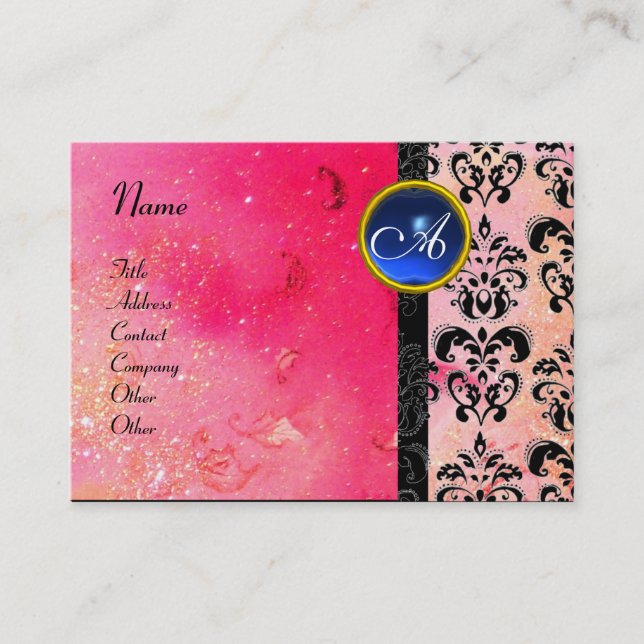 GOLD PINK SPARKLING DAMASK MONOGRAM ,fuchsia blue Business Card (Front)