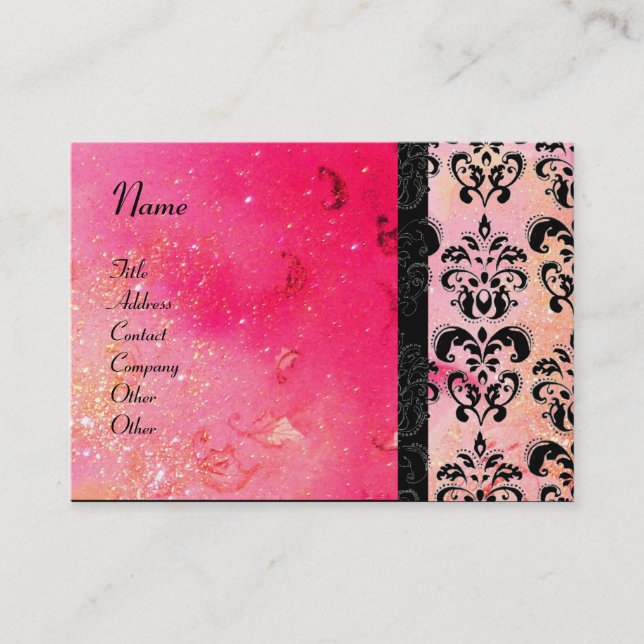 GOLD PINK SPARKLING DAMASK MONOGRAM ,fuchsia Business Card (Front)
