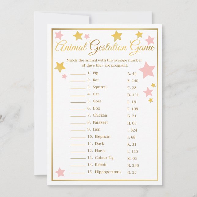 Gold Pink Star Animal Gestation Baby Shower Game Invitation (Front)