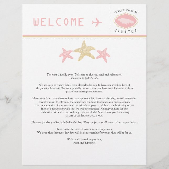 Gold Pink Starfish Jamaica Wedding Welcome Letter (Front)