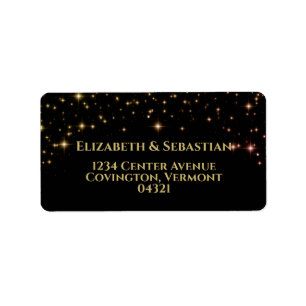 Gold & Pink Stars on Black Wedding Address Label