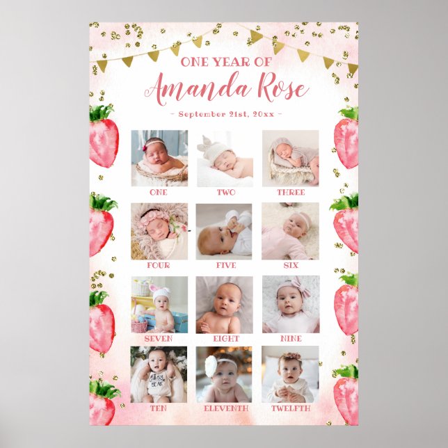 Gold Pink Strawberry First Year Photo Collage Poster (Front)