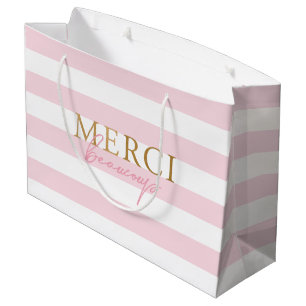 Gold Pink Stripe Merci Beaucoup Thank You Gift Bag