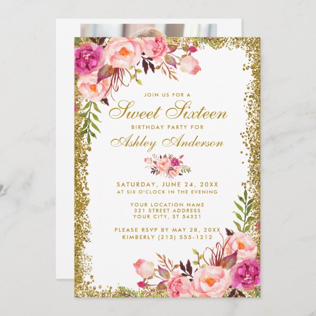 Gold Pink Sweet 16 Birthday Invite -  Photo Back (Front/Back)