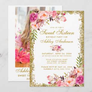 Gold Pink Sweet 16 Birthday Invite -  Photo Back