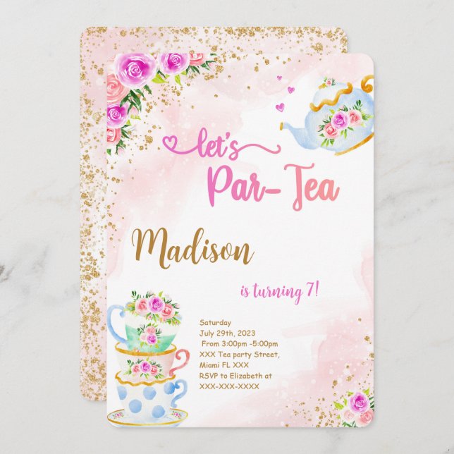Gold & Pink Tea Party Birthday Invitation (Front/Back)