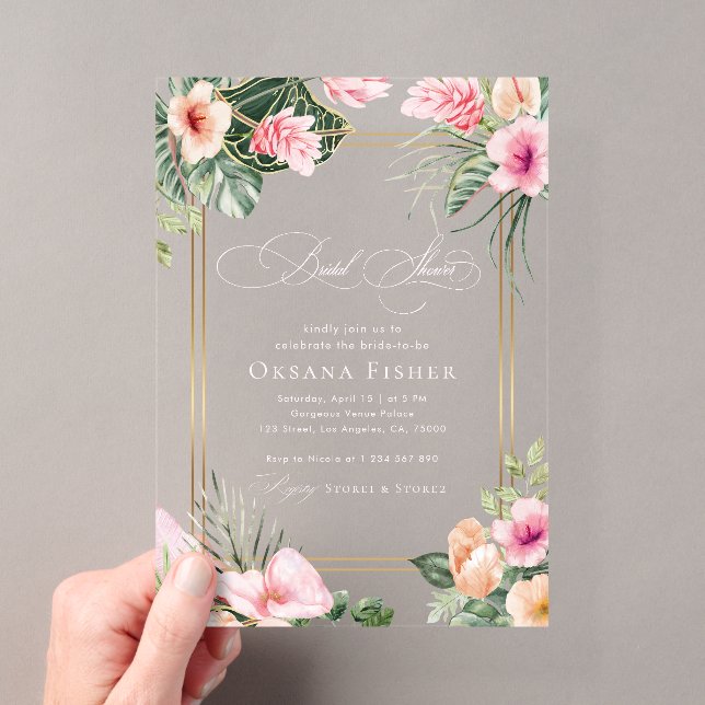 Gold Pink Tropical Beach Destination Bridal Shower Acrylic Invitations (Insitu (Handheld))