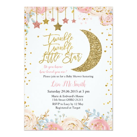 Custom Baby Shower Invitation Twinkle Twinkle Little Star Pink &Gold Watercolour
