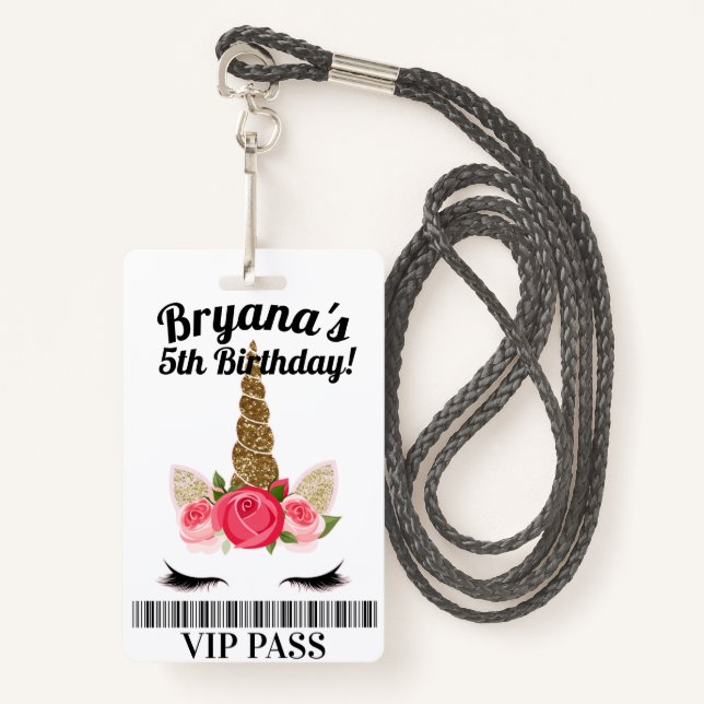 Gold Pink Unicorn Floral Birthday Party VIP PASS Badge (Front with Lanyard)