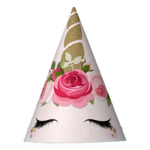 Gold & Pink Unicorn Flower Blooms Birthday Party Hat