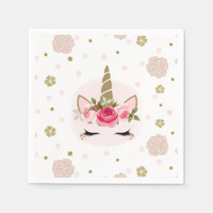Gold & Pink Unicorn Flower Blooms Birthday Party Napkin